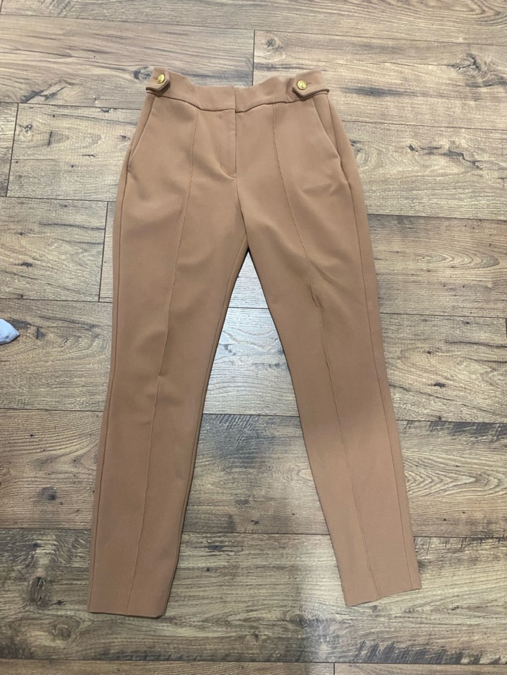 Express Camel High-Rise Skinny Trousers with Gold Buttons